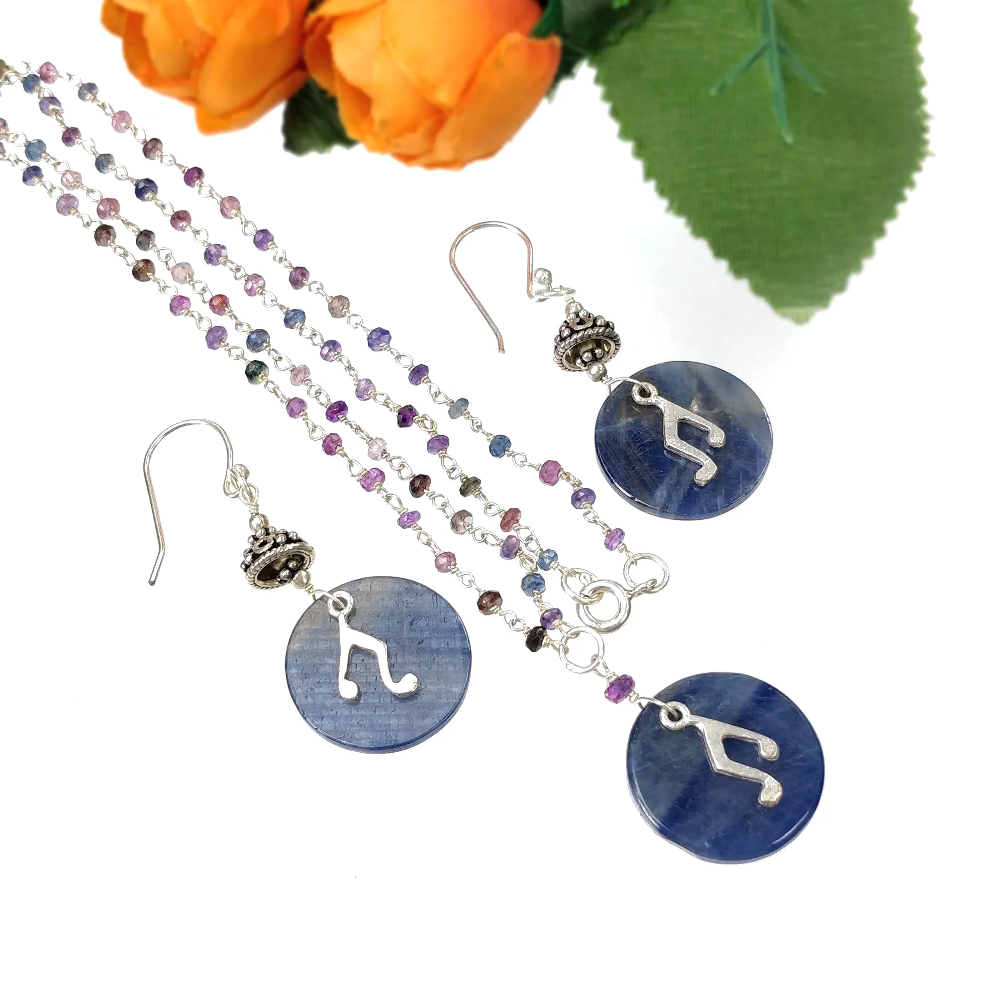 925 Sterling Silver Jewelry :  Natural Untreated BLUE SAPPHIRE Gemstone 19" Beads Necklace Drop Dangle Earring Jewelry Set