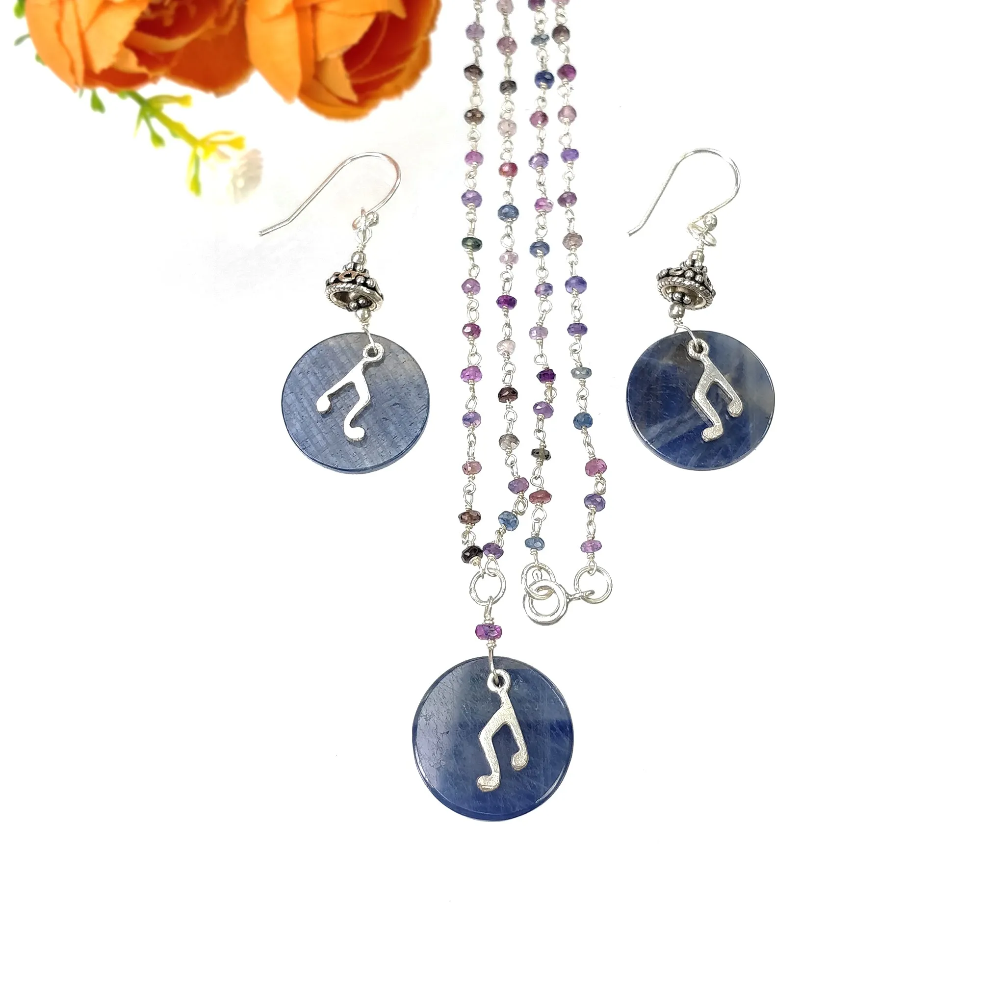 925 Sterling Silver Jewelry :  Natural Untreated BLUE SAPPHIRE Gemstone 19" Beads Necklace Drop Dangle Earring Jewelry Set