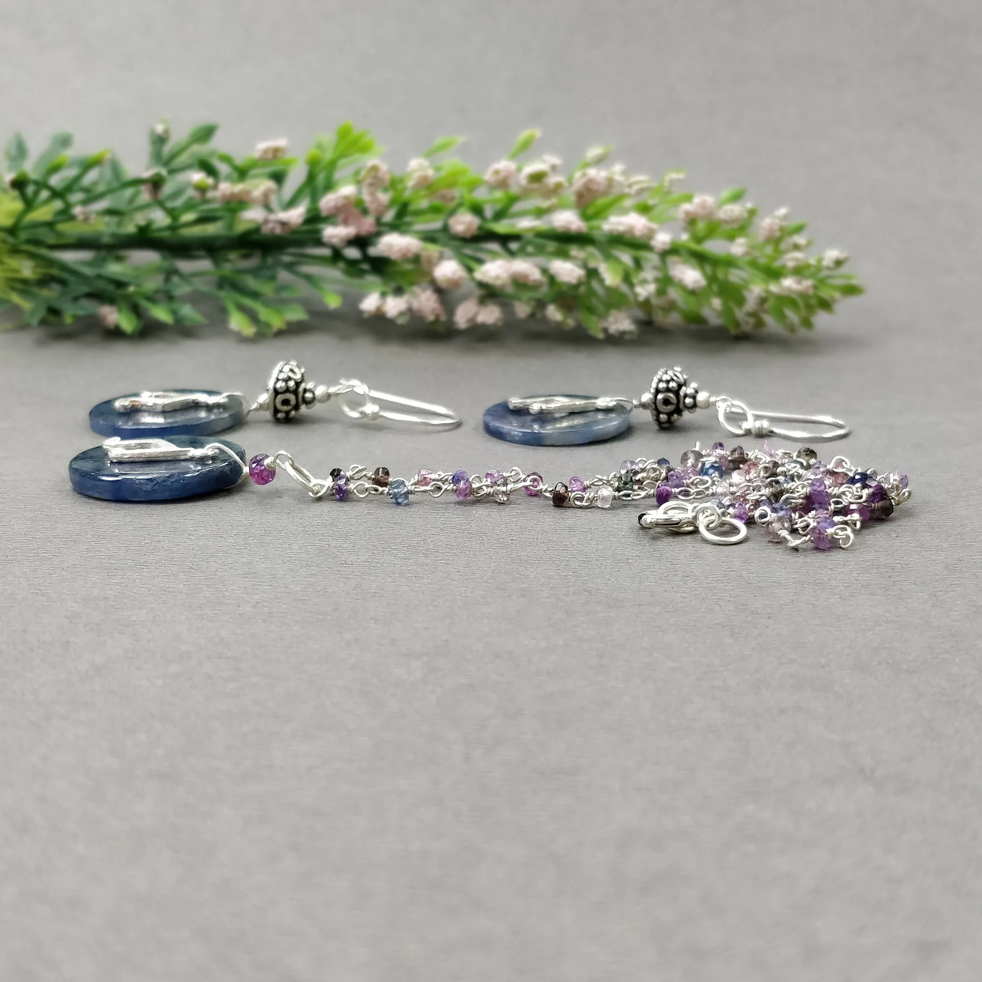 925 Sterling Silver Jewelry :  Natural Untreated BLUE SAPPHIRE Gemstone 19" Beads Necklace Drop Dangle Earring Jewelry Set