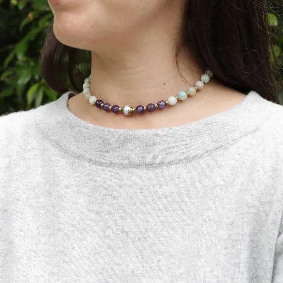 Amethyst and Amazonite Communication and Healing Mala Choker