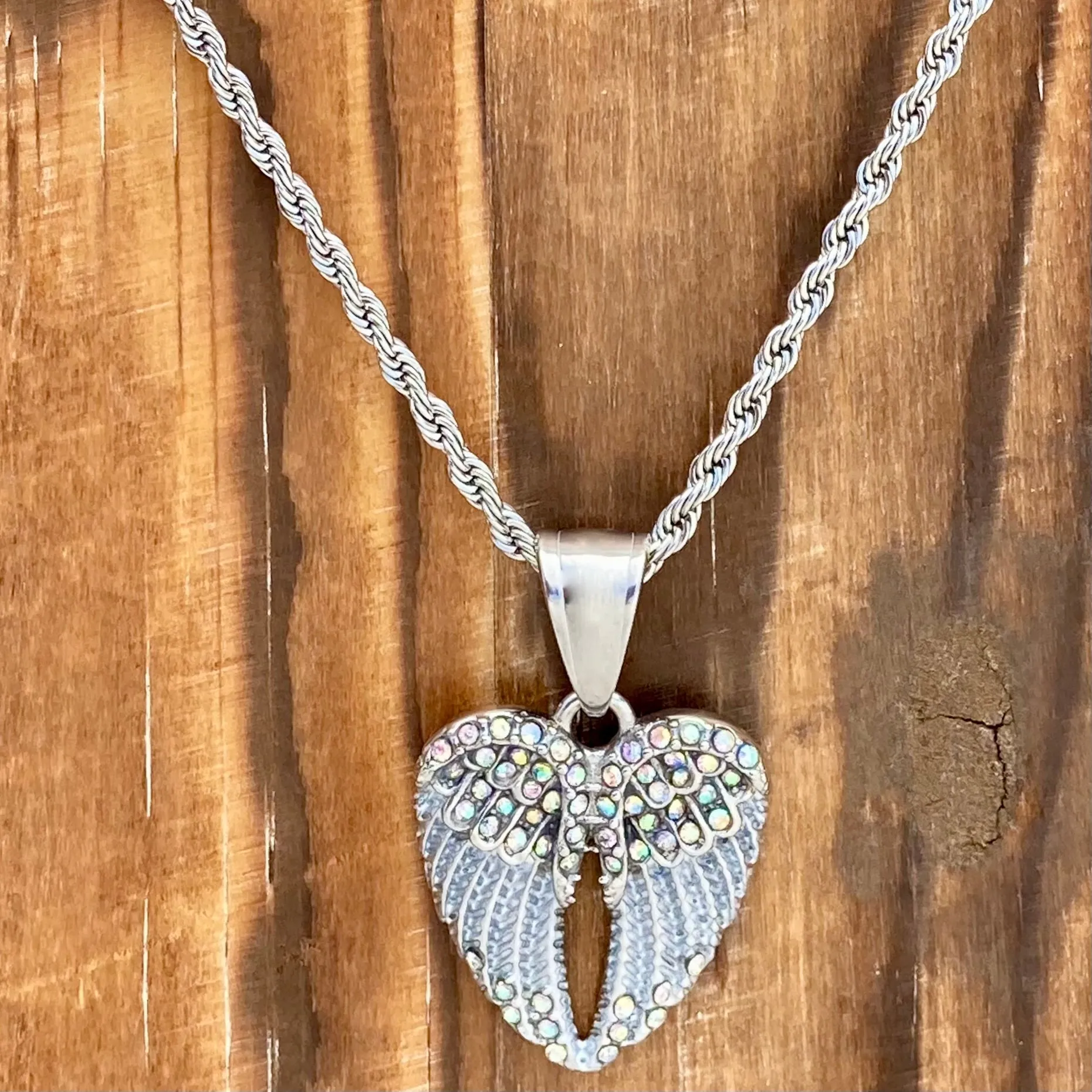 Angel Wing Heart Mini - Pendant - Rope Necklace - Rainbow Stone - SK2539C