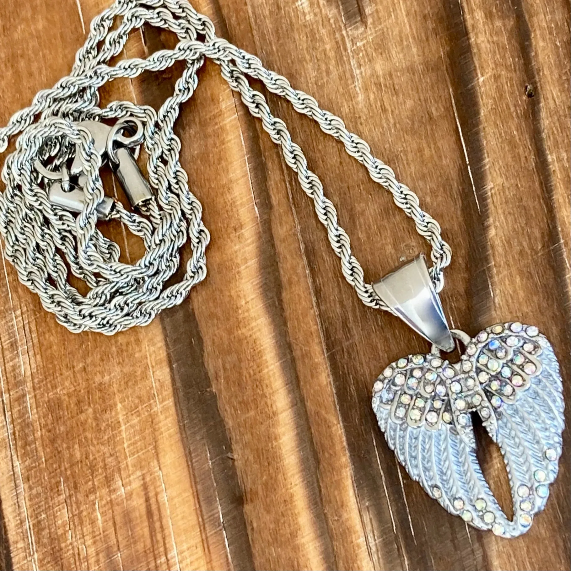 Angel Wing Heart Mini - Pendant - Rope Necklace - Rainbow Stone - SK2539C
