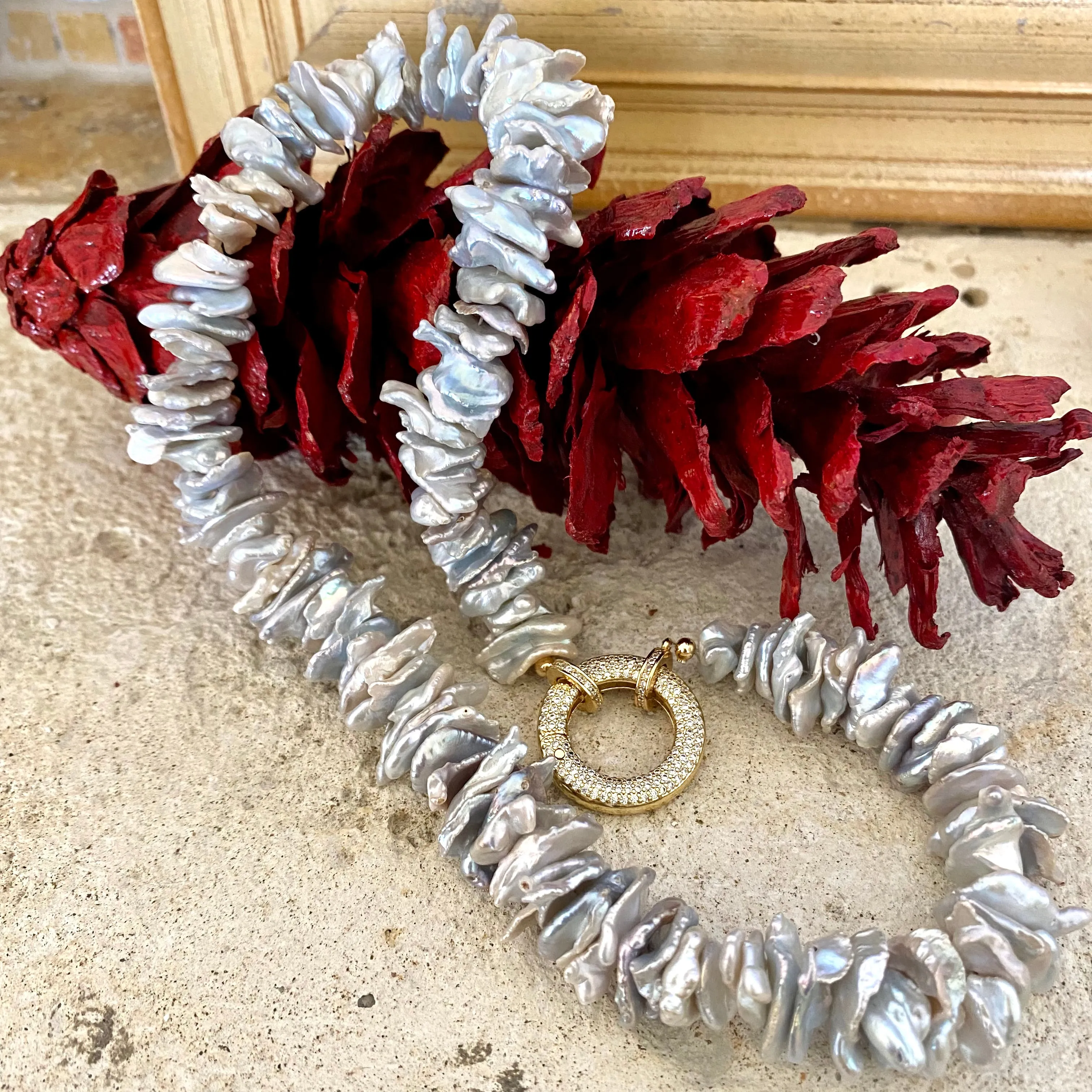 Chunky Grey Keshi Pearl Choker Necklace with Gold Plated and CZ Pave Clasp, 18inches