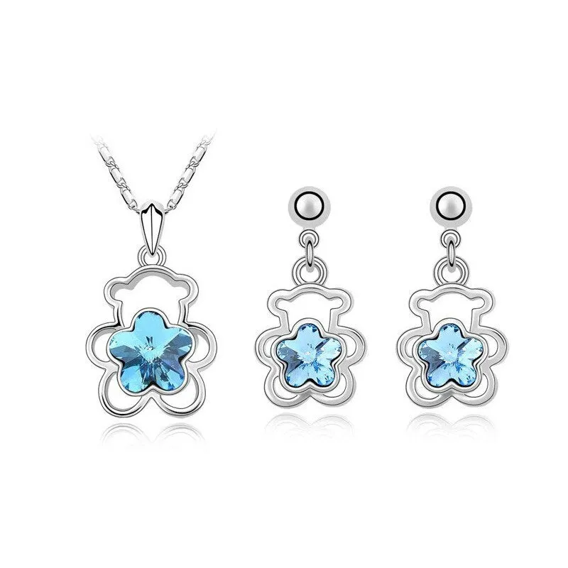 Crystal Flower Bear Necklace & Earrings Fashion Jewelry Set