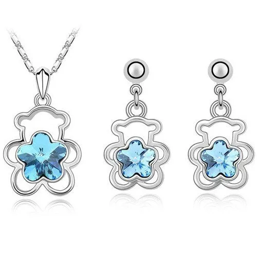 Crystal Flower Bear Necklace & Earrings Fashion Jewelry Set