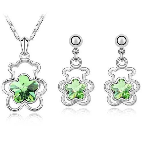 Crystal Flower Bear Necklace & Earrings Fashion Jewelry Set