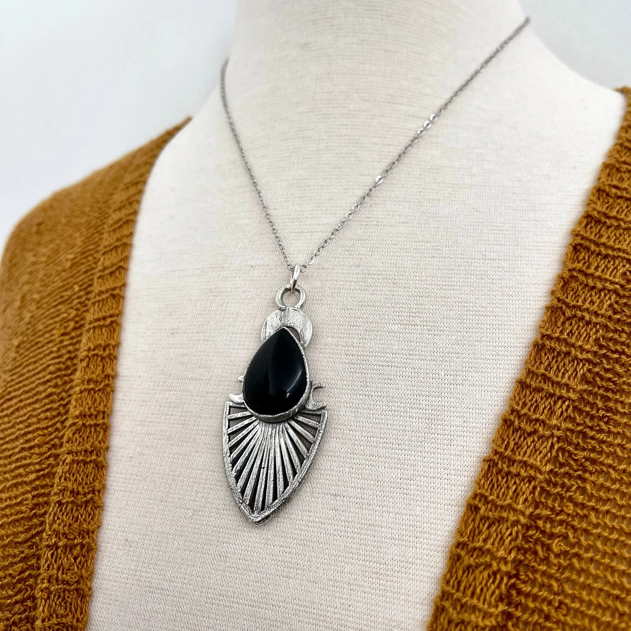 Crystal Necklace - Moss & Moon Collection - Black Onyx Teardrop Necklace in Fine Silver /