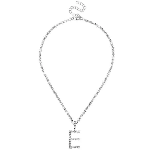 Custom Initial Letter Necklace Silver Color Tennis Chain Female Statement Bling Crystal Alphabet Necklace Jewelry