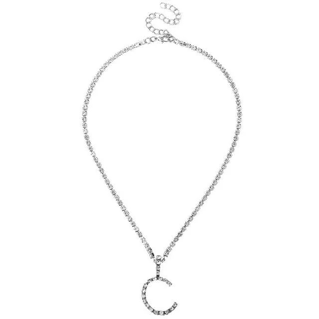 Custom Initial Letter Necklace Silver Color Tennis Chain Female Statement Bling Crystal Alphabet Necklace Jewelry
