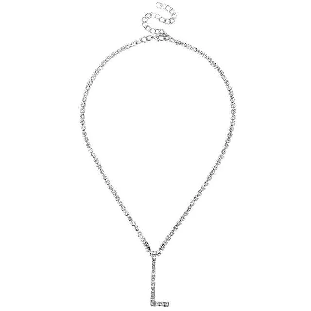 Custom Initial Letter Necklace Silver Color Tennis Chain Female Statement Bling Crystal Alphabet Necklace Jewelry