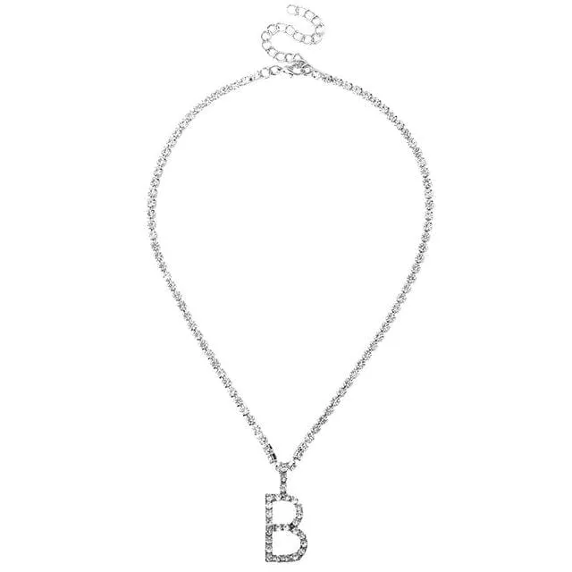 Custom Initial Letter Necklace Silver Color Tennis Chain Female Statement Bling Crystal Alphabet Necklace Jewelry