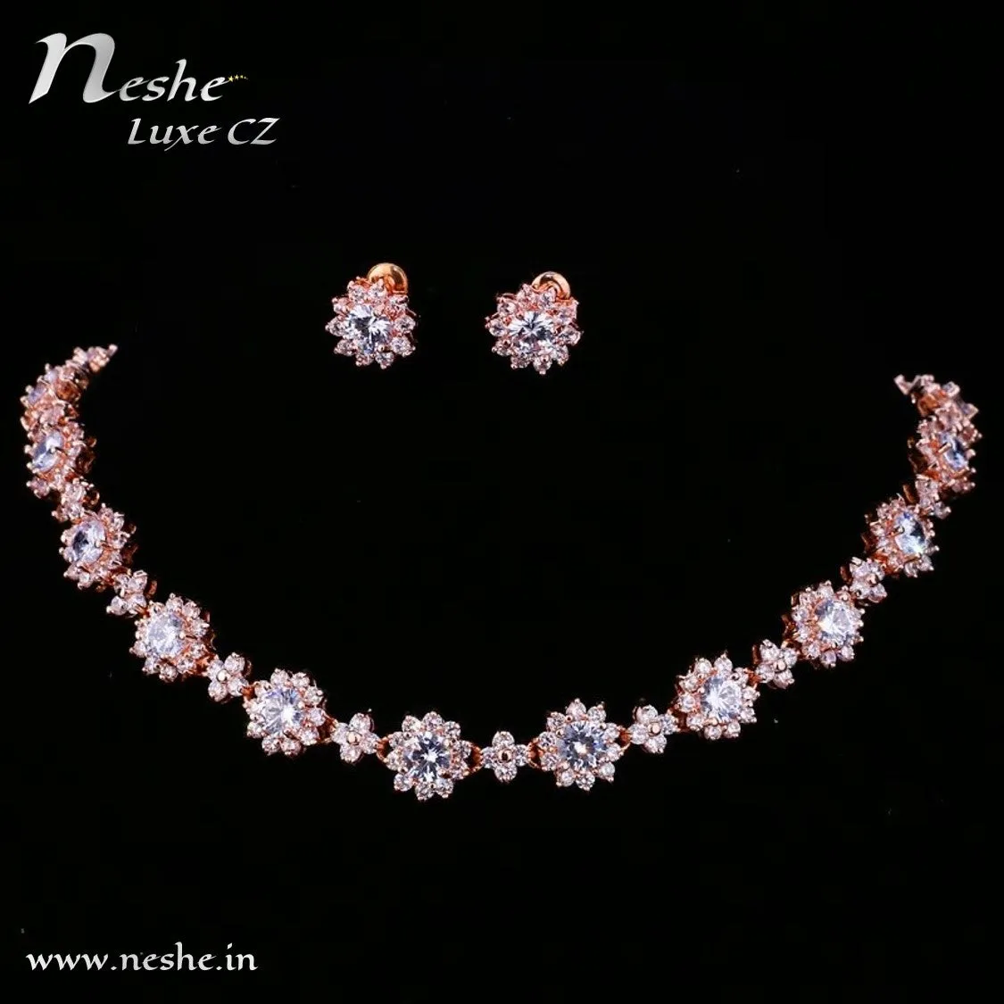Delicate Rose Gold CZ Flowers Necklace Earrings Jewelry Set