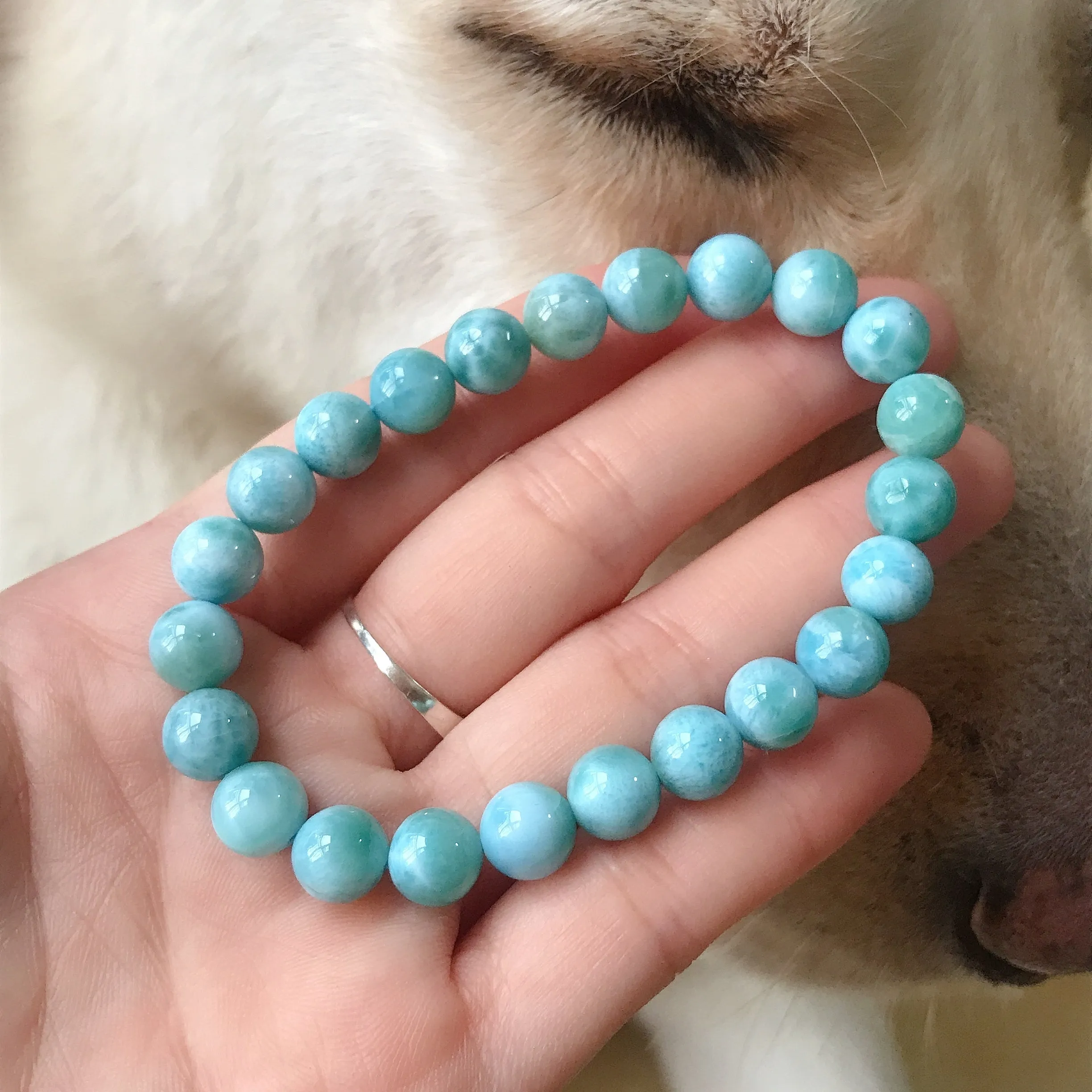 Dolphin Stone Natural Blue Larimar Bracelet Handmade with 8.2mm Beads | Throat Chakra Healing Jewelry
