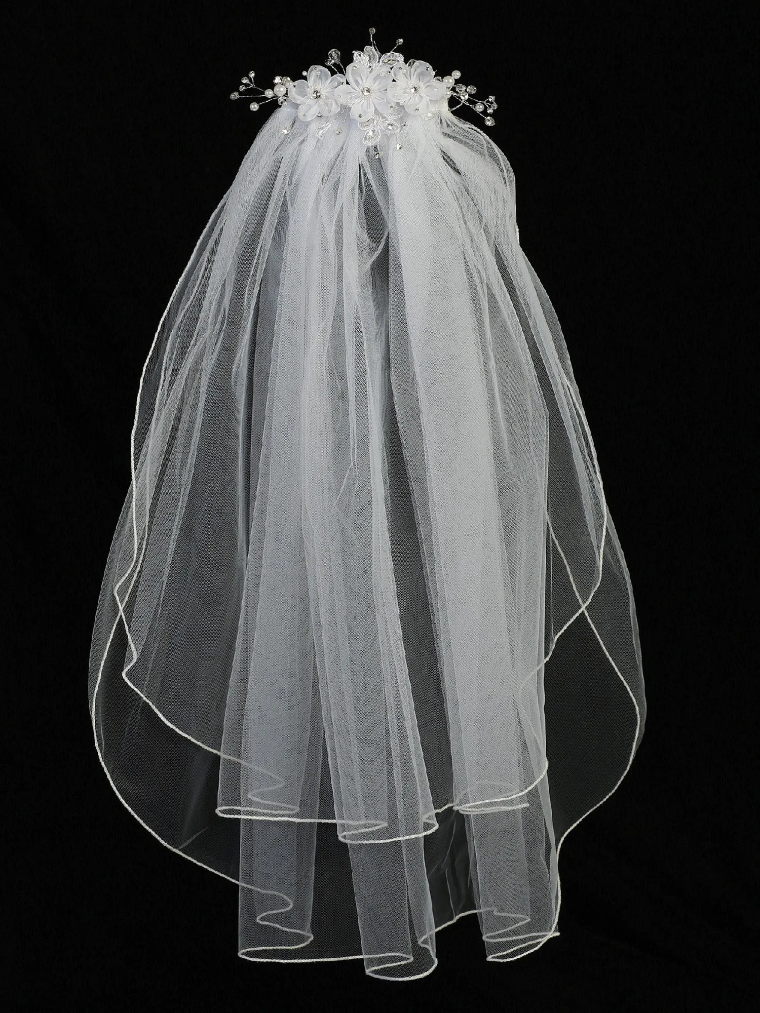 Girls White Organza Flowers Crystals Pearls 24 Inch Communion Girl Veil