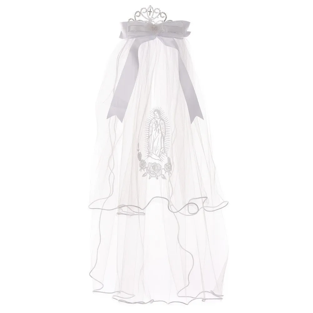 Girls White Virgin Mary Detail Communion Flower Girl Veil Tiara
