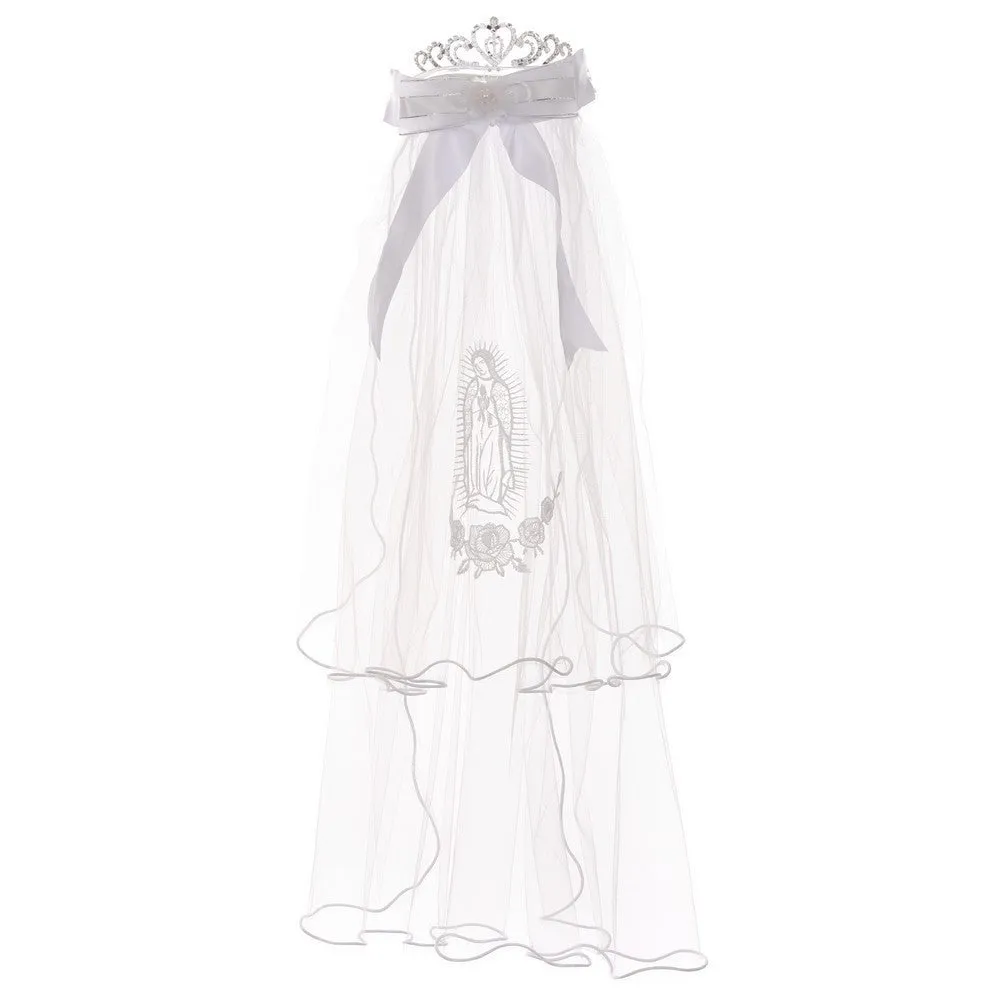 Girls White Virgin Mary Double Layer Communion Flower Girl Veil Tiara