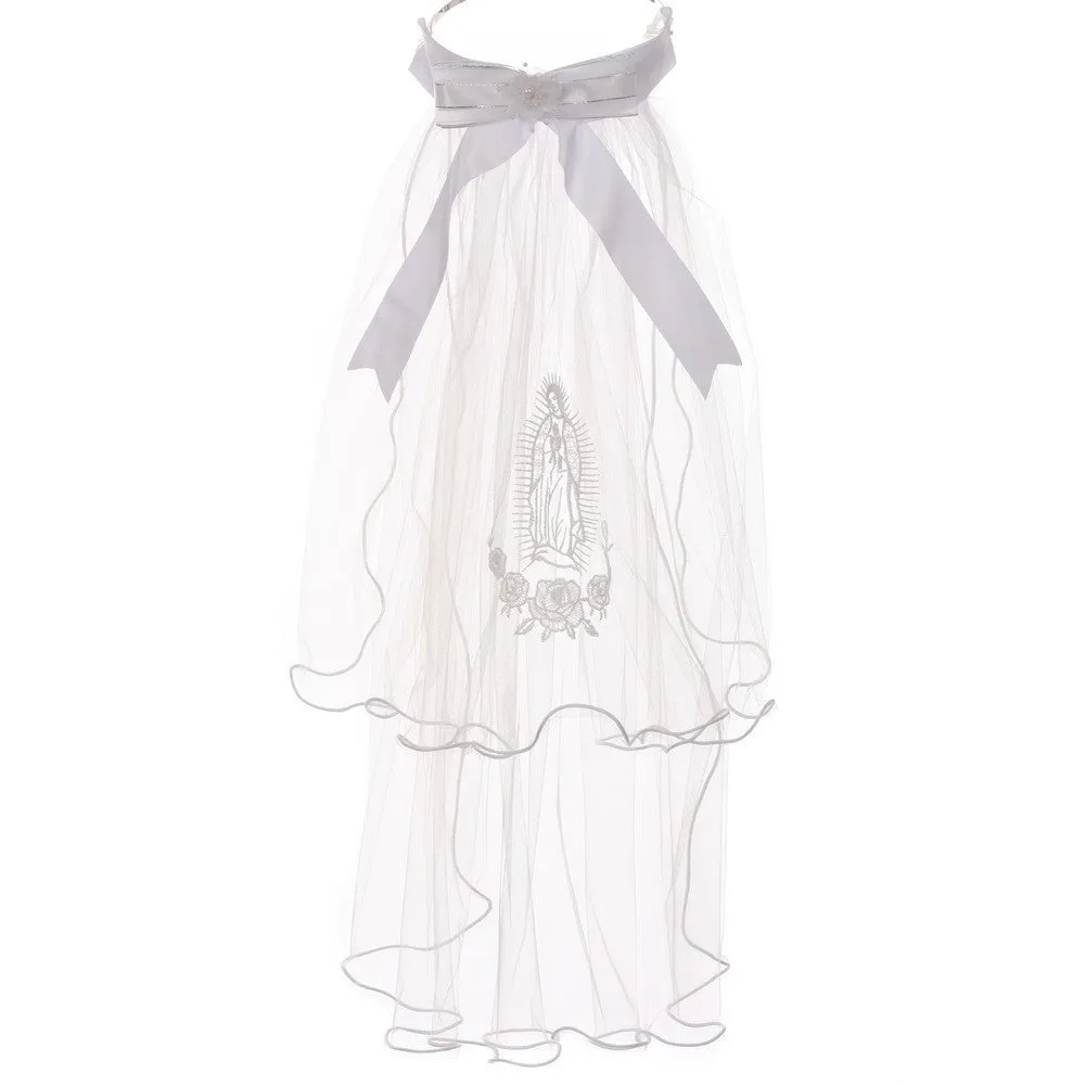 Girls White Virgin Mary Embroidered Communion Flower Girl Tiara Veil