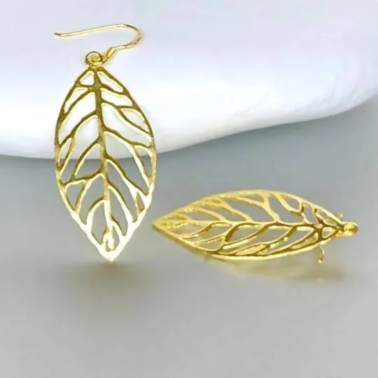 Gold Leaf Earrings, Sterling Silver Dangle Earrings, Bohemian Jewelry, Gift Earrings, (E202)
