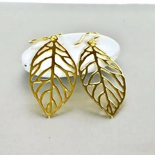 Gold Leaf Earrings, Sterling Silver Dangle Earrings, Bohemian Jewelry, Gift Earrings, (E202)