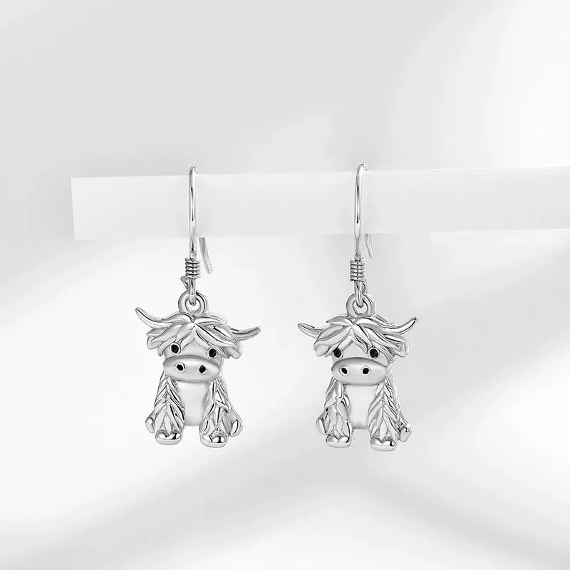 Highland Cow Dangle Earrings 925 Sterling Sliver Cow Drop Earrings Christmas gift for Women Girls