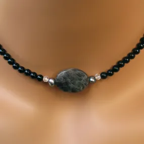 Labradorite, Clear Quartz, Onyx gemstone, Freshwater Pearl, Sterling Silver Choker Necklace