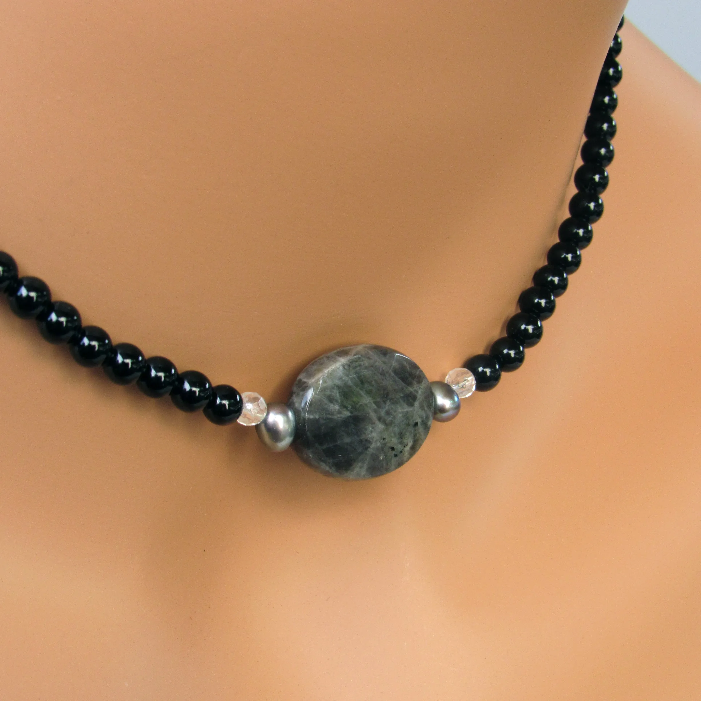 Labradorite, Clear Quartz, Onyx gemstone, Freshwater Pearl, Sterling Silver Choker Necklace