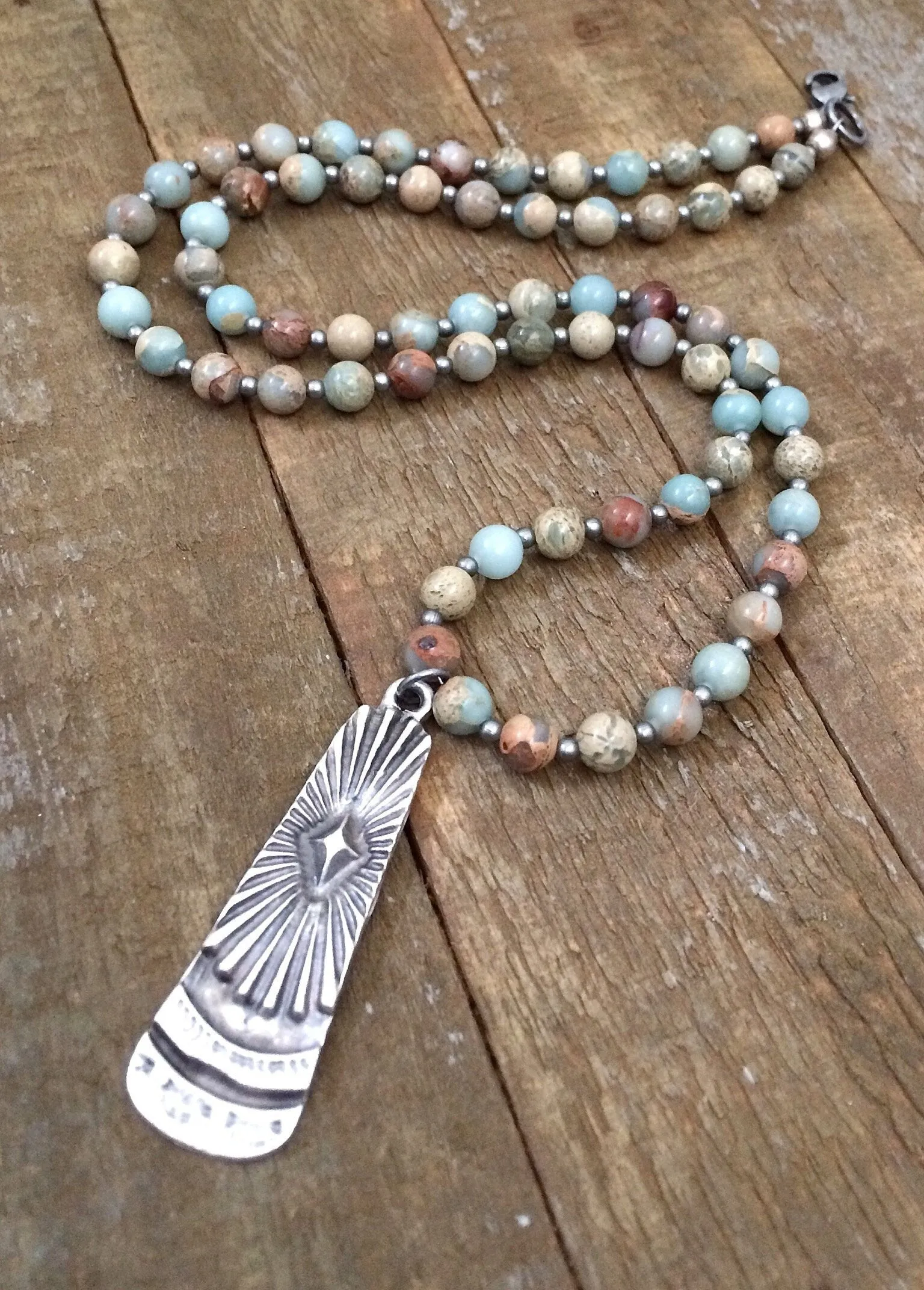 Long Stone Necklace, Stone Bohemian Jewelry, Silver Boho Necklace, Silver Pendant Necklace, Boho Jewelry