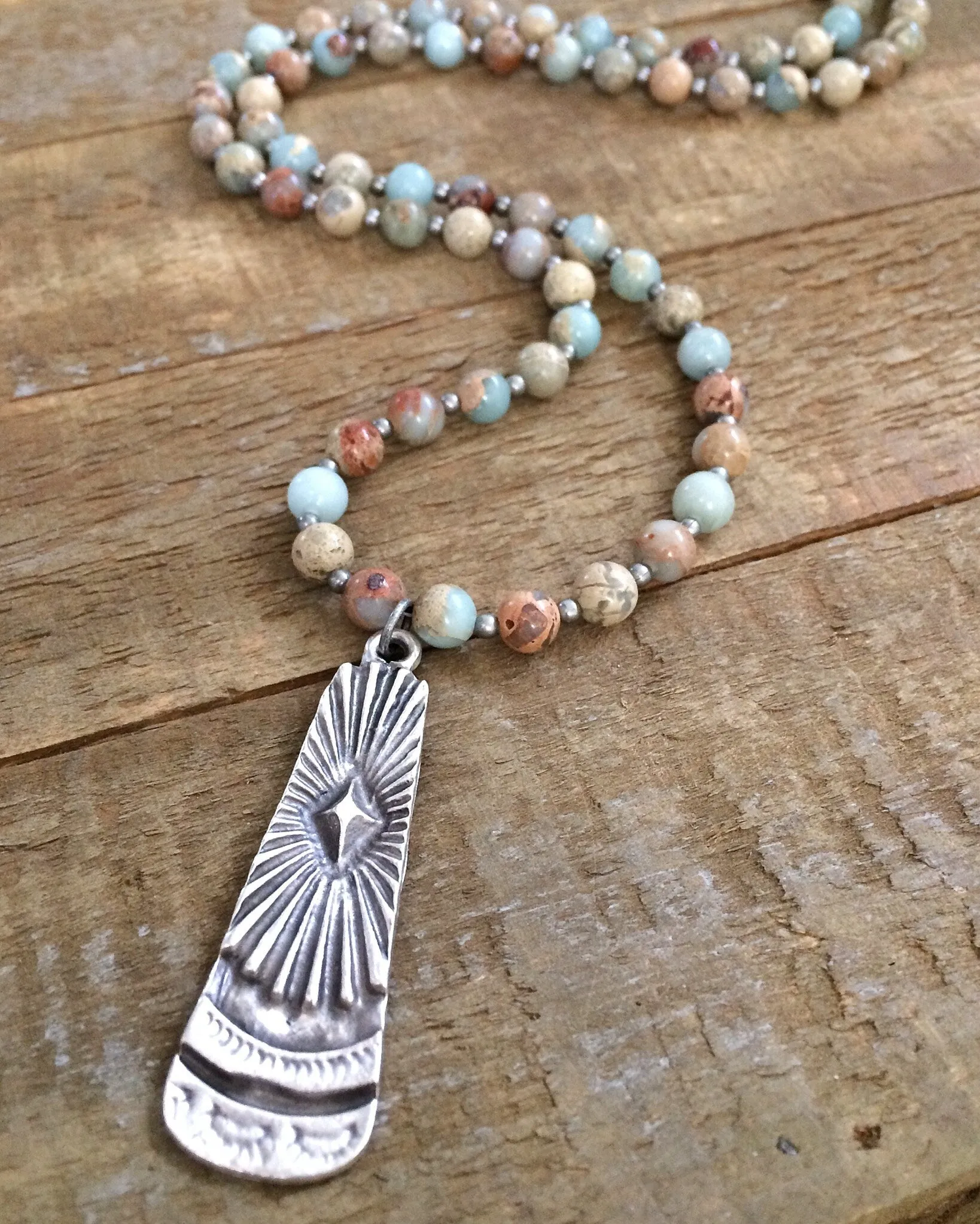 Long Stone Necklace, Stone Bohemian Jewelry, Silver Boho Necklace, Silver Pendant Necklace, Boho Jewelry