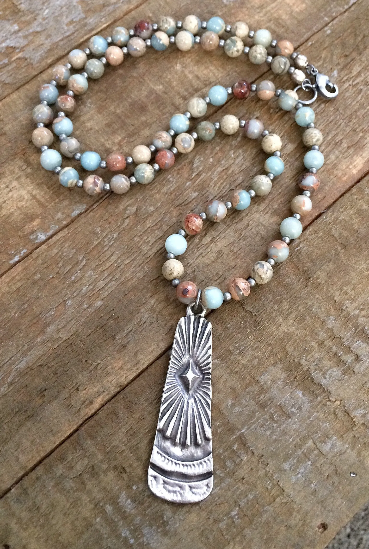Long Stone Necklace, Stone Bohemian Jewelry, Silver Boho Necklace, Silver Pendant Necklace, Boho Jewelry