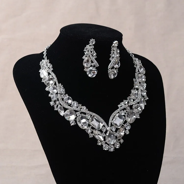 Luxury Rhinestone Wedding Jewelry Sets Earrings Geometric Crystal Statement Necklace Set for Bride African Bridal Jewelry Sets