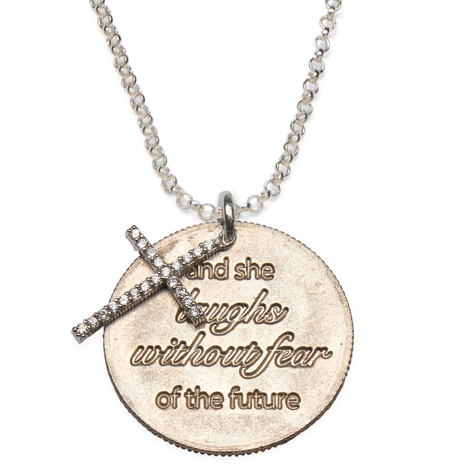 Mariamor She Laughs Without Fear Quarter, CZ Cross Necklace, Sterling Silver