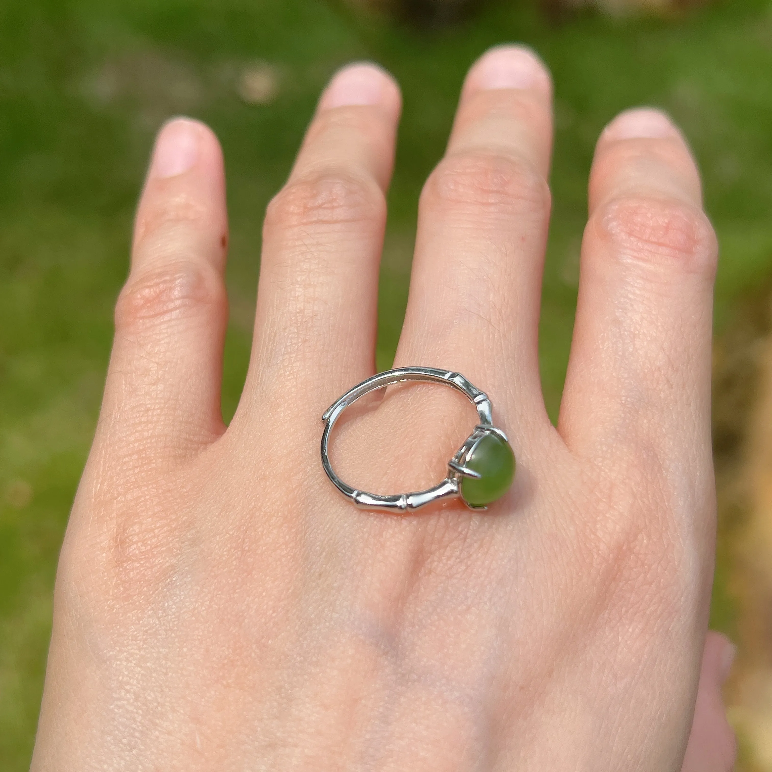 Natural Hetian Jade Sterling Silver Ring with Four Prongs Setting | Handmade Healing Gemstone Fashion Jewelry