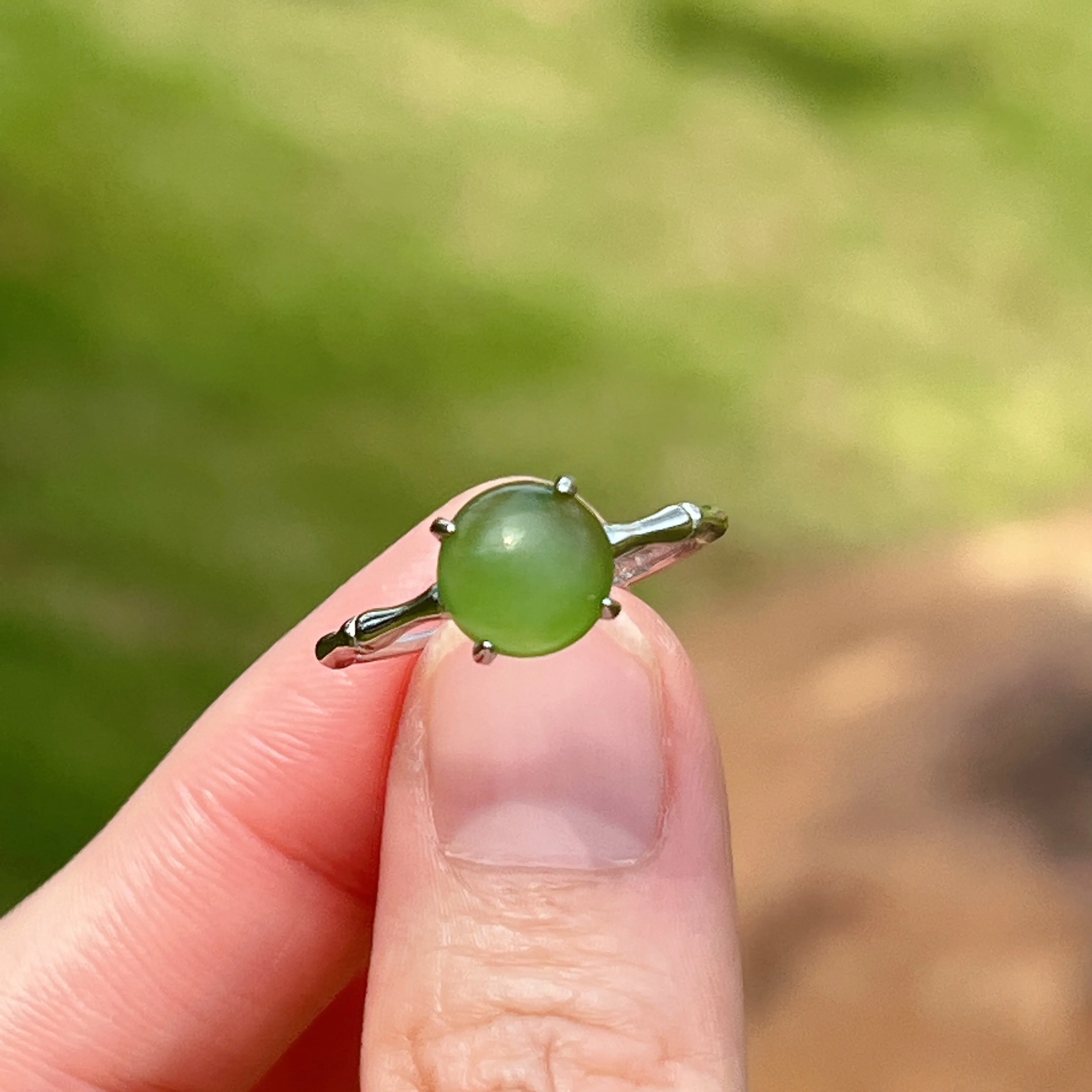 Natural Hetian Jade Sterling Silver Ring with Four Prongs Setting | Handmade Healing Gemstone Fashion Jewelry