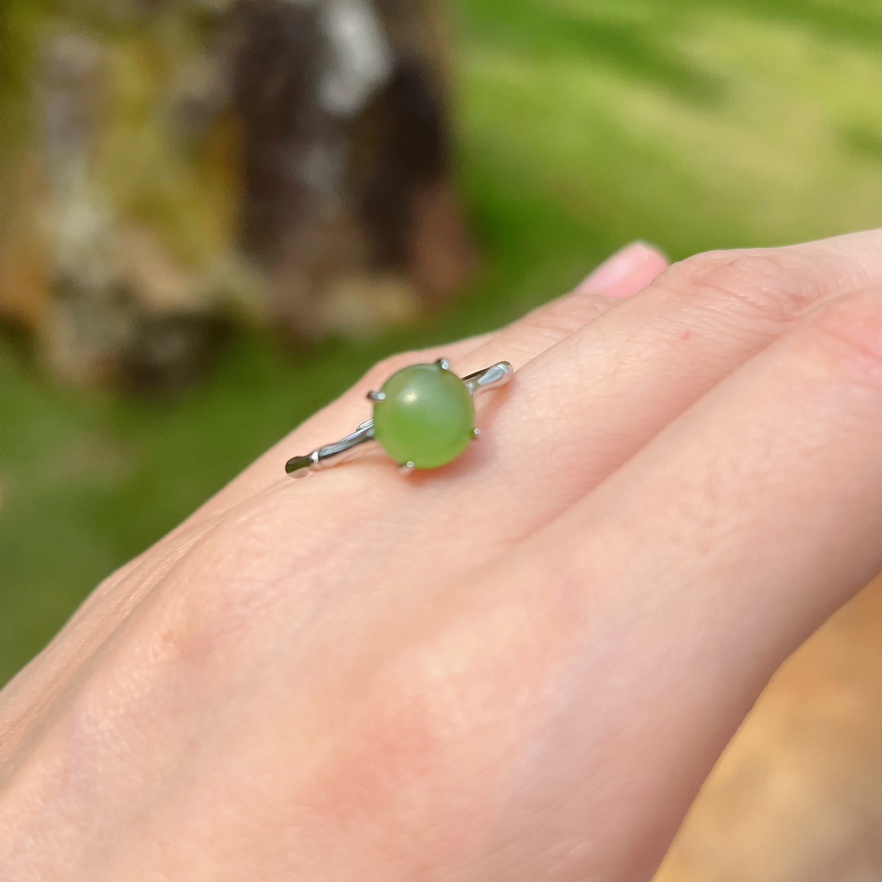 Natural Hetian Jade Sterling Silver Ring with Four Prongs Setting | Handmade Healing Gemstone Fashion Jewelry