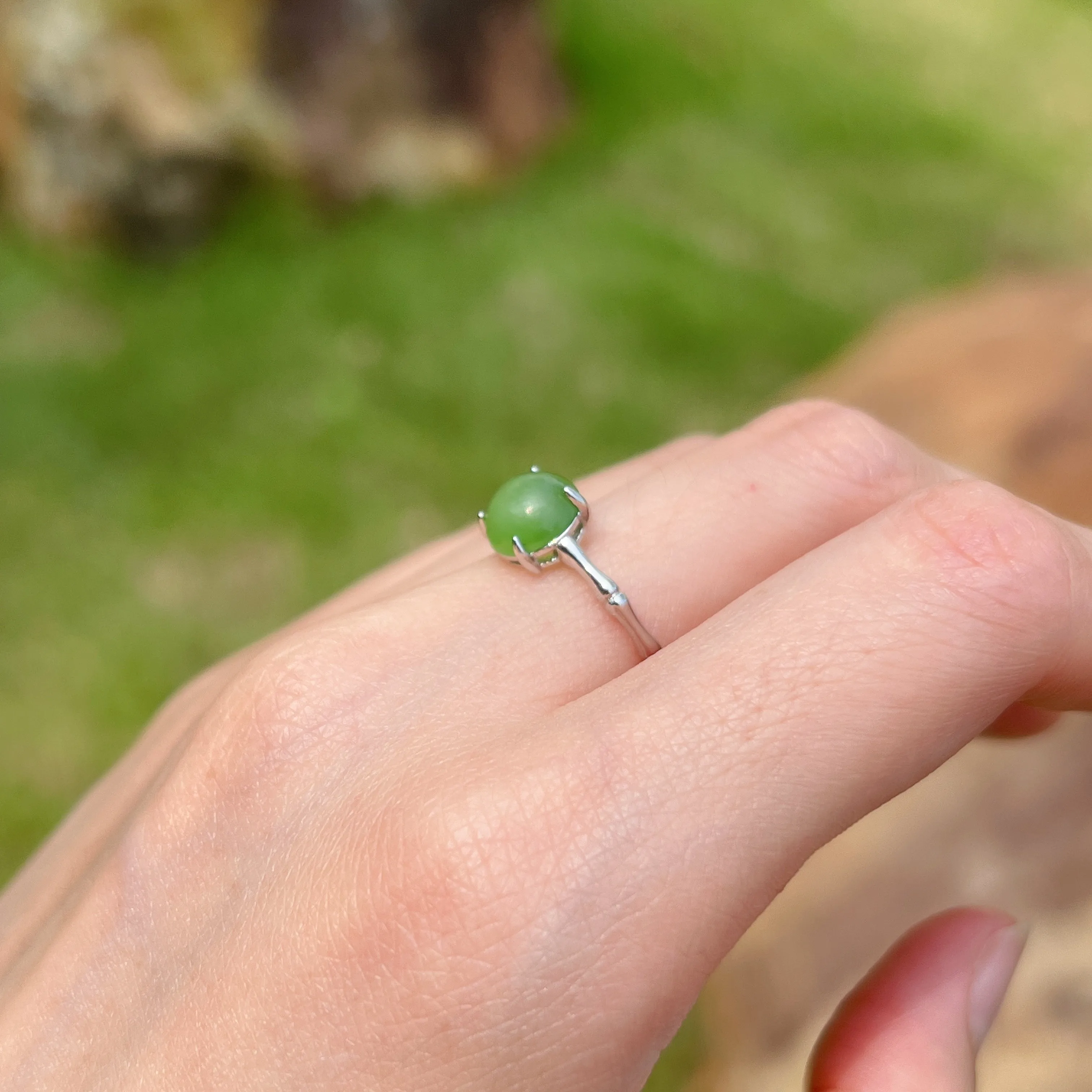 Natural Hetian Jade Sterling Silver Ring with Four Prongs Setting | Handmade Healing Gemstone Fashion Jewelry