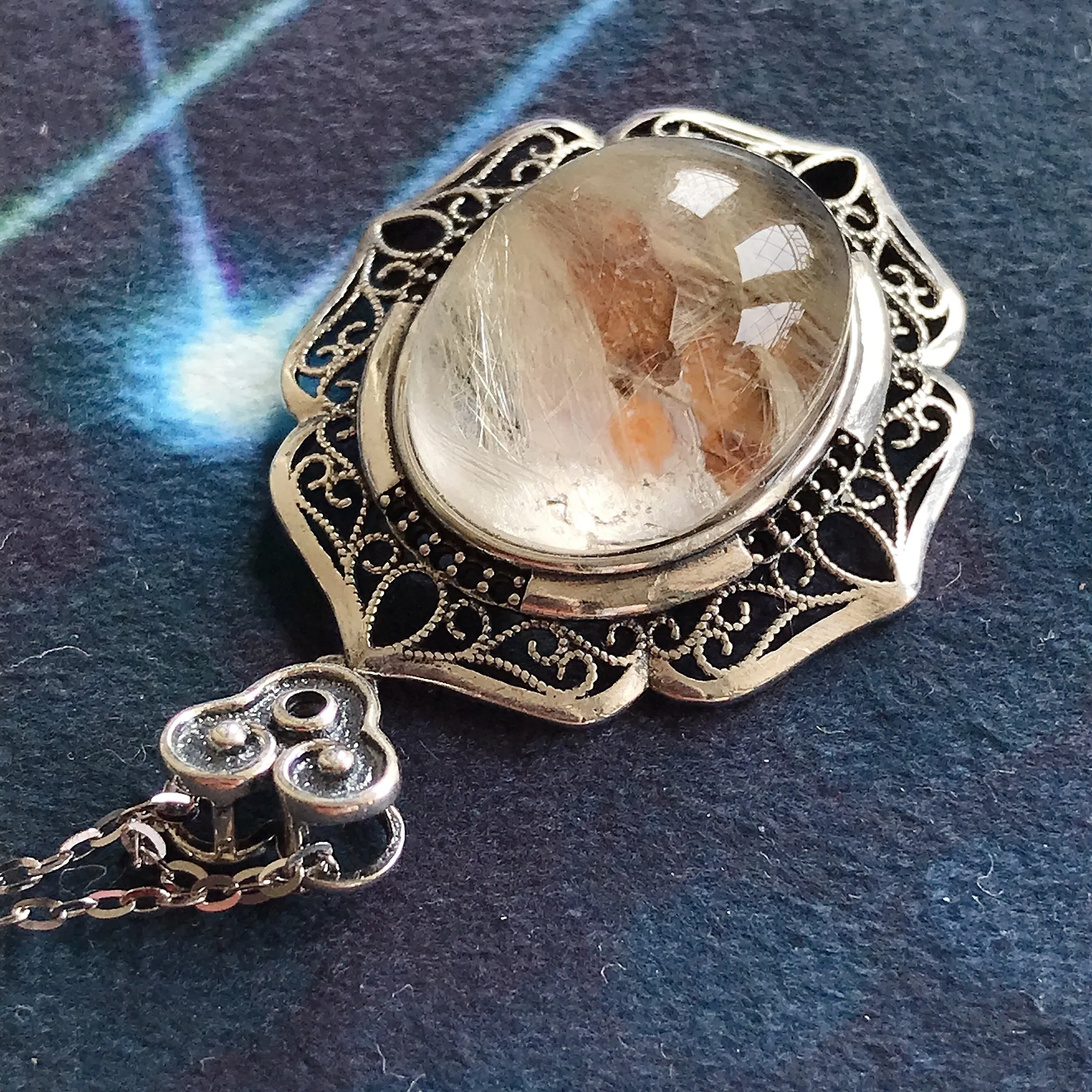 Natural Silver Rutilated Quartz with Mica Inclusion Pendant Necklace Rare Crystal Formation