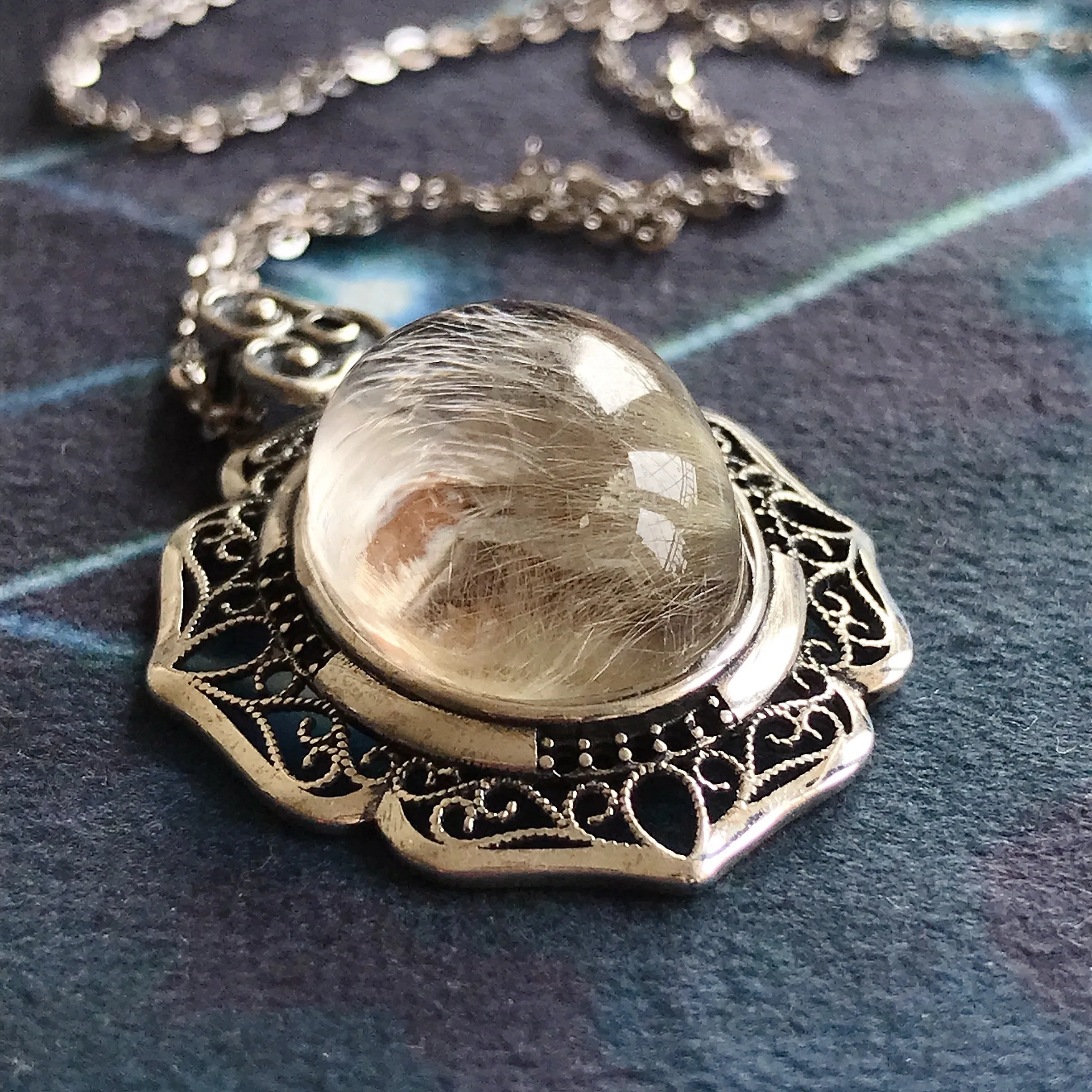 Natural Silver Rutilated Quartz with Mica Inclusion Pendant Necklace Rare Crystal Formation