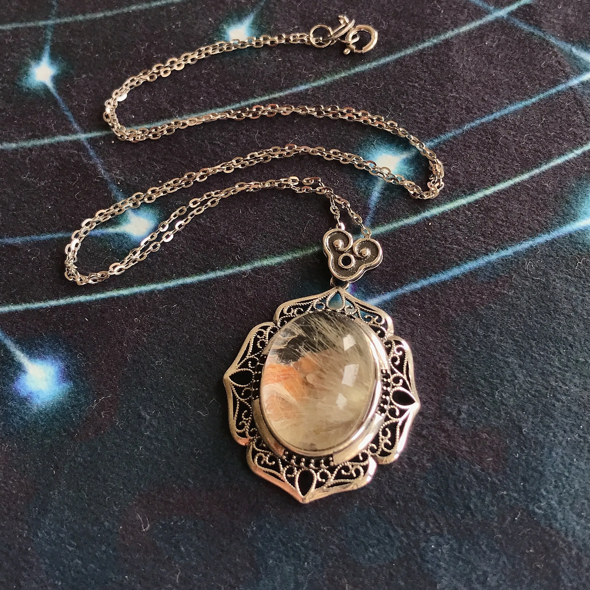 Natural Silver Rutilated Quartz with Mica Inclusion Pendant Necklace Rare Crystal Formation