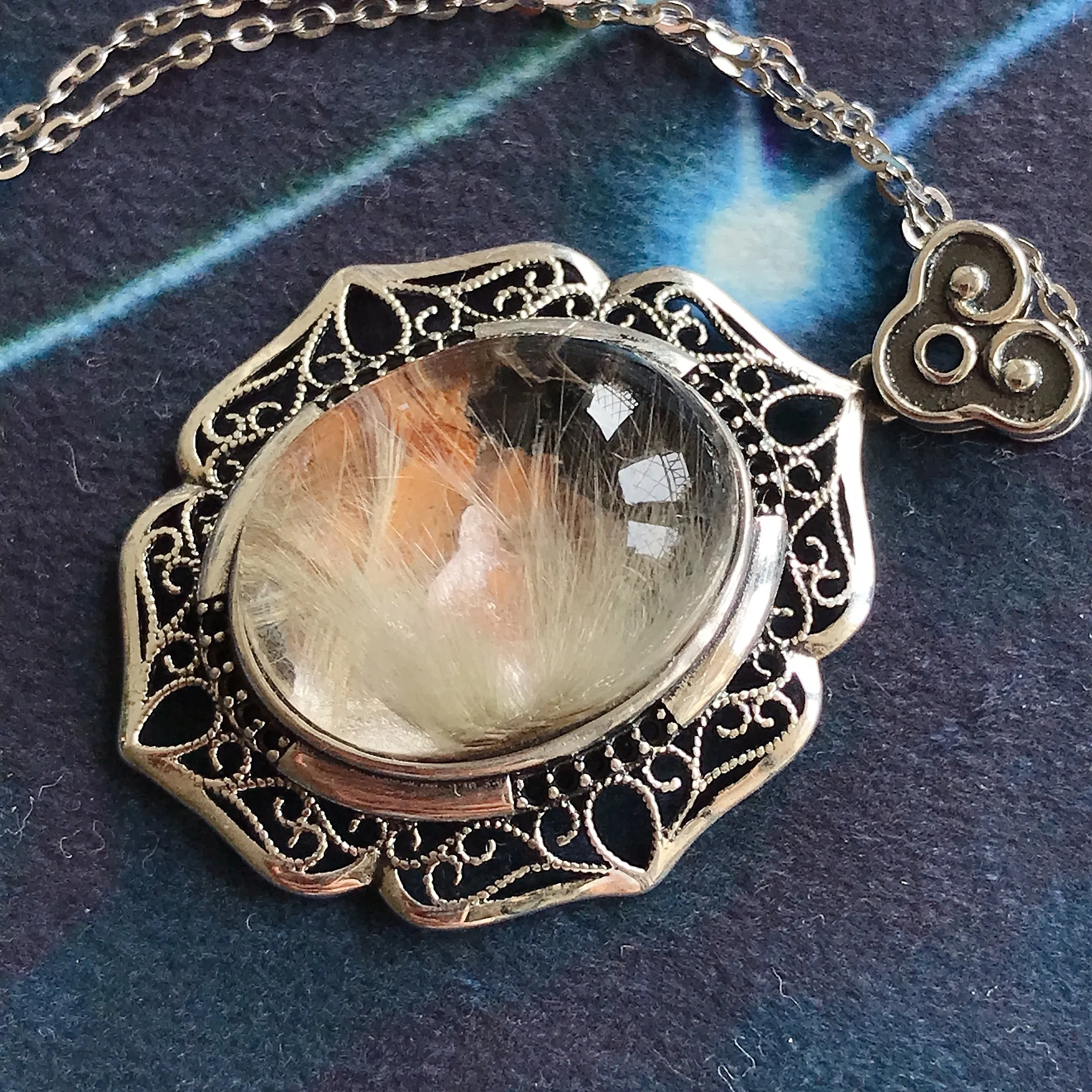 Natural Silver Rutilated Quartz with Mica Inclusion Pendant Necklace Rare Crystal Formation