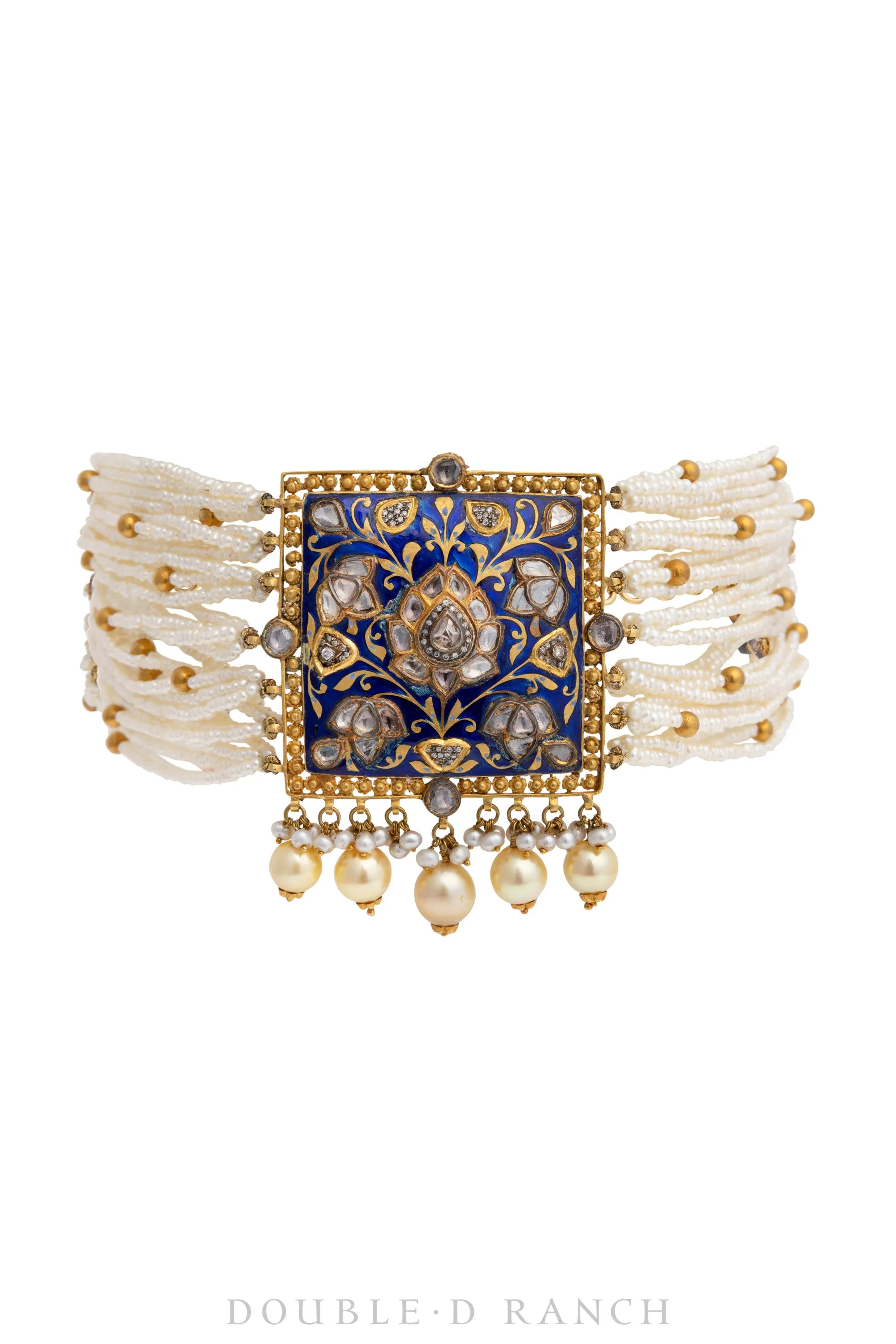Necklace, Choker, Freshwater Pearls, Enamel Filigree Set in Gold, Reversible Medallion, Contemporary, 1995