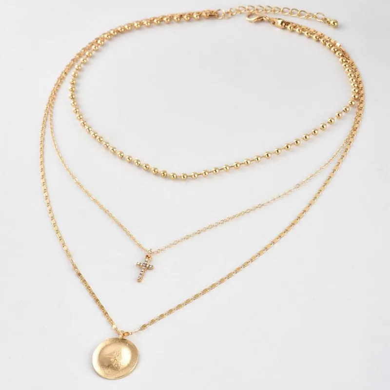 North Star and Cross on 3-Layer Golden Necklace