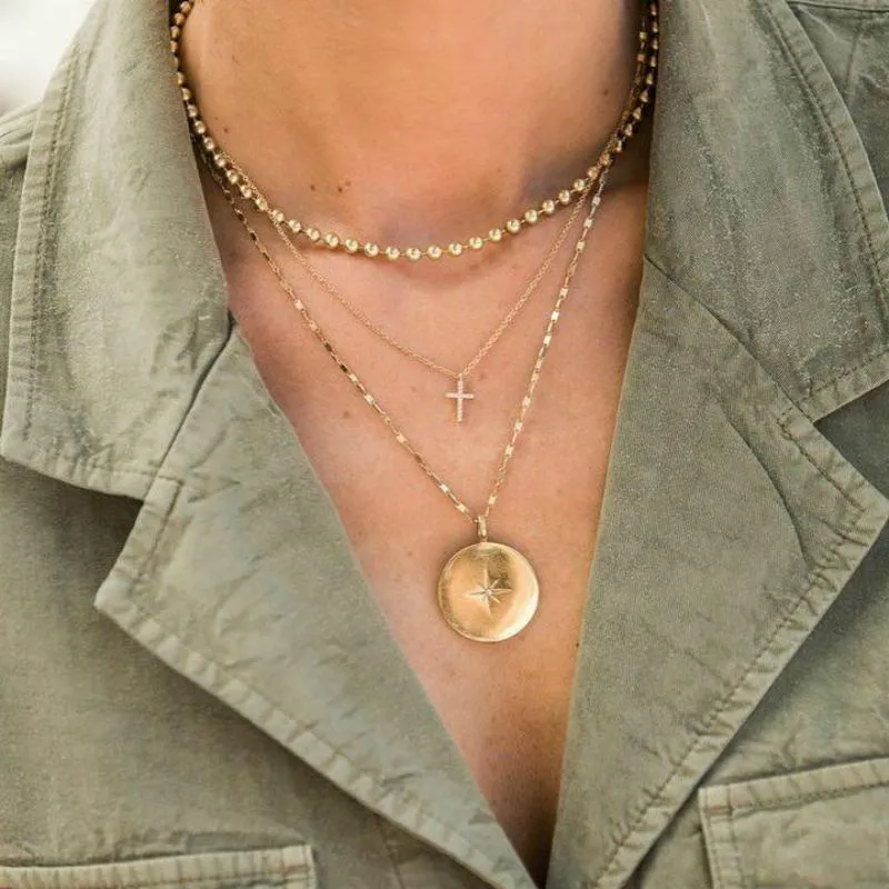 North Star and Cross on 3-Layer Golden Necklace