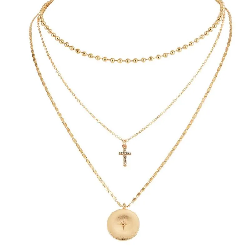 North Star and Cross on 3-Layer Golden Necklace
