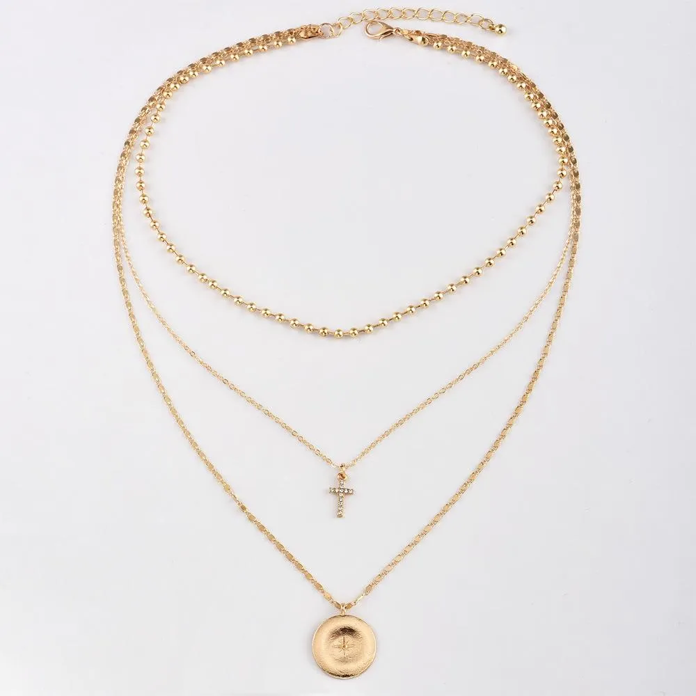 North Star and Cross on 3-Layer Golden Necklace