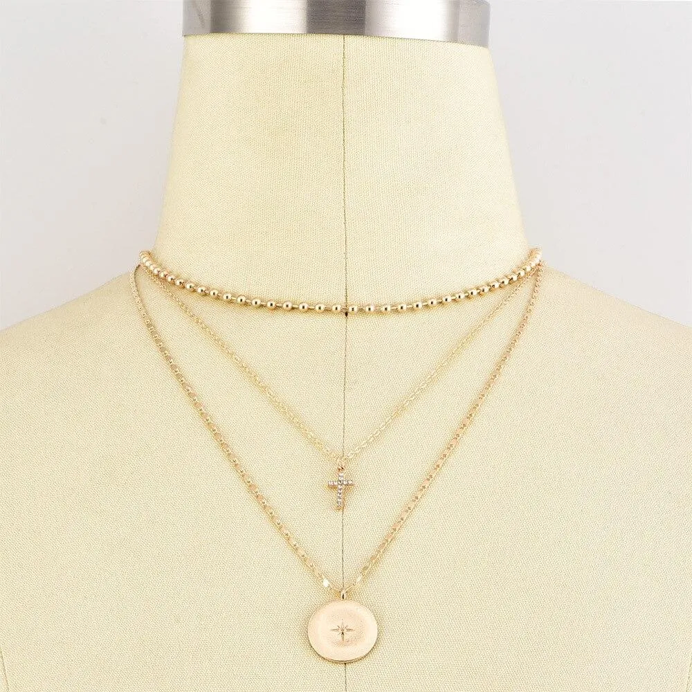 North Star and Cross on 3-Layer Golden Necklace