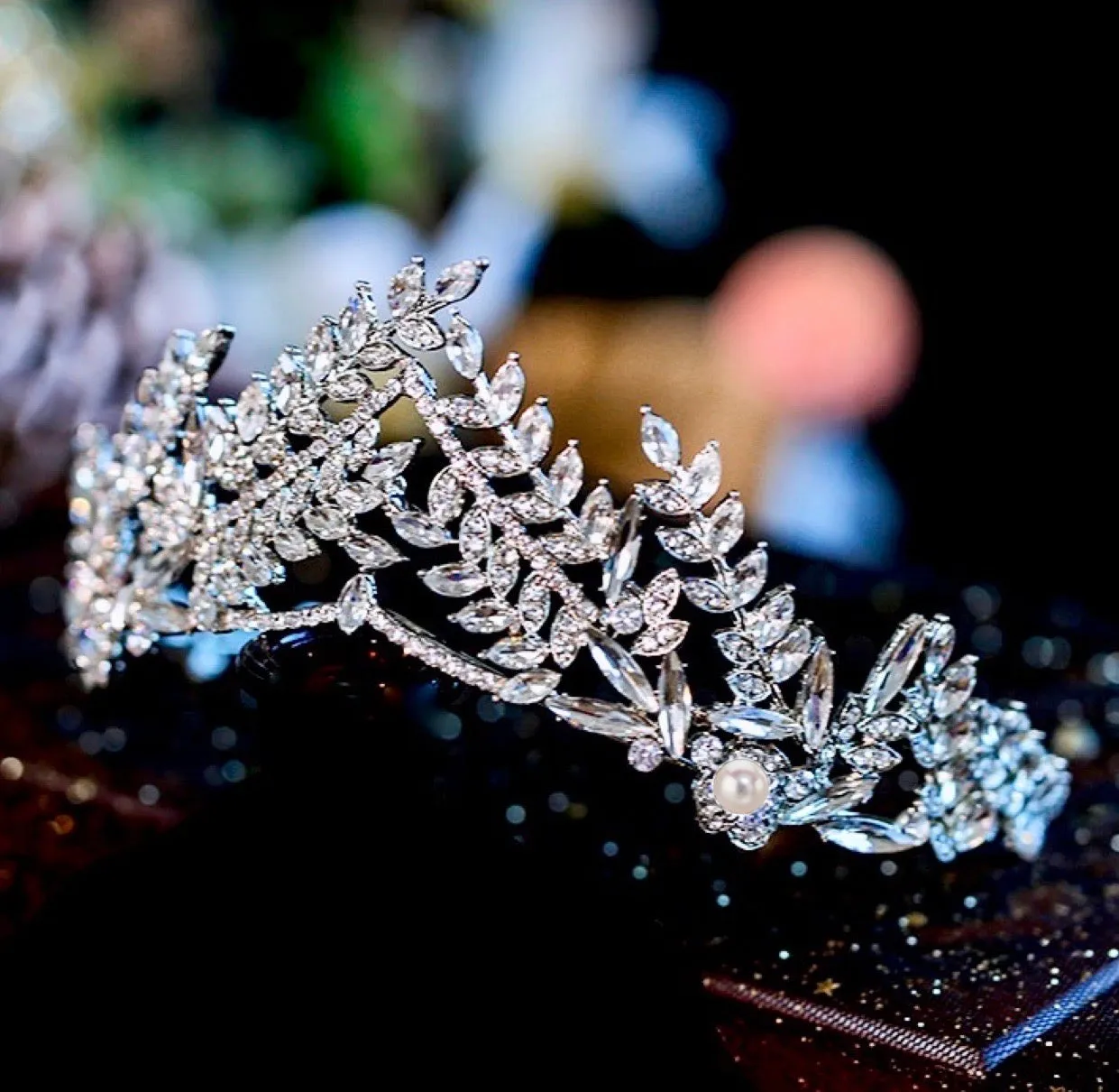 "Adrianna" - Silver Pearl and Cubic Zirconia Bridal Tiara