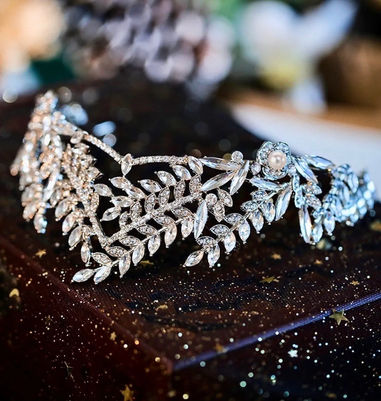 "Adrianna" - Silver Pearl and Cubic Zirconia Bridal Tiara