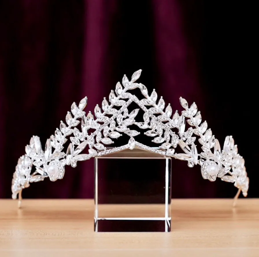 "Adrianna" - Silver Pearl and Cubic Zirconia Bridal Tiara