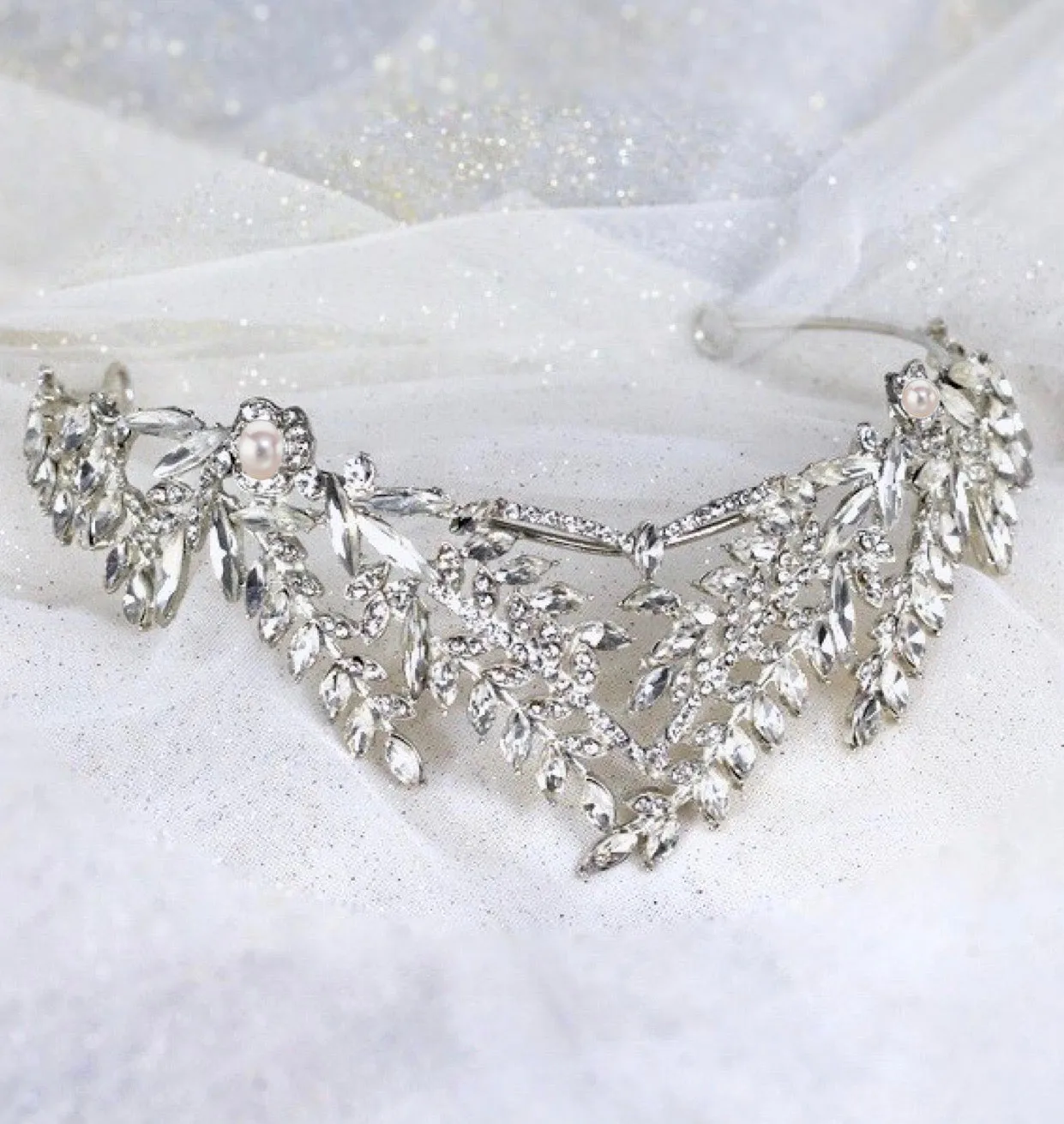 "Adrianna" - Silver Pearl and Cubic Zirconia Bridal Tiara