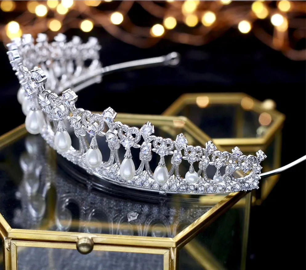 "Diana" - Silver Pearl and Cubic Zirconia Bridal Tiara